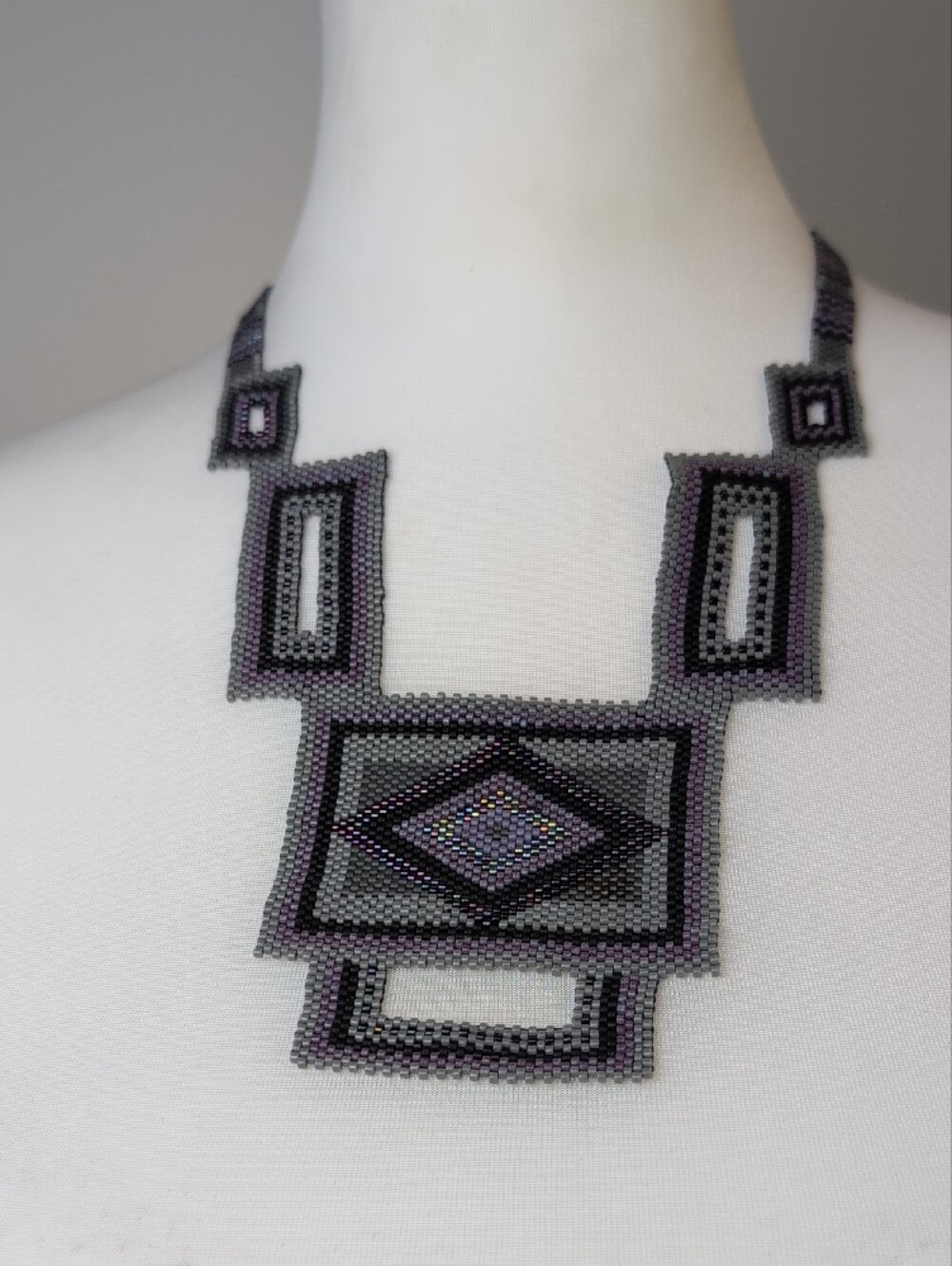 Handmade Beaded Gerdan Necklace Purple Geometric Medallion Collar Statement